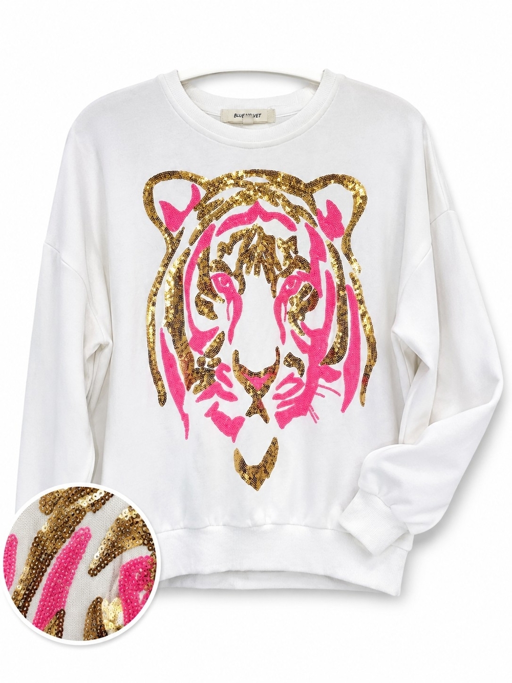 Blue Velvet White Sequin Tiger Sweatshirt Pink Gold Oversized Small